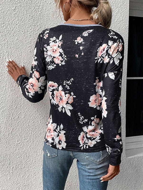 New women's long - sleeved color block sweater thin sweater T-shirt - Top